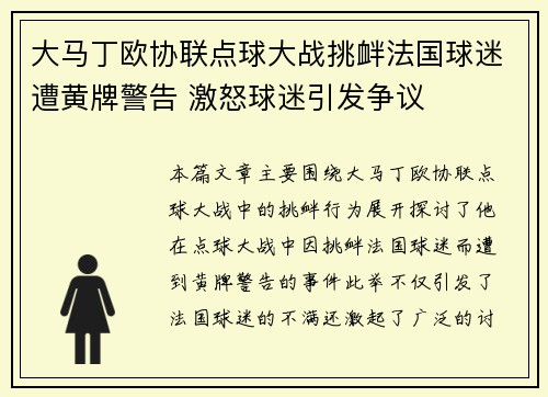 大马丁欧协联点球大战挑衅法国球迷遭黄牌警告 激怒球迷引发争议